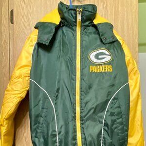 Green‎ Bay Packers Jacket Men's Large Hooded Removeable Green Yellow GB Logo EUC